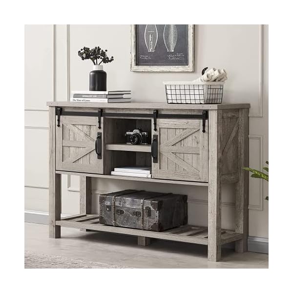 OKD Farmhouse Entryway Table with Sliding Barn Doors, 46 Inch Rustic Console Sofa Table with Adjustable Shelf and 2 Closed Storage Cabinets for Entry, Hallway, Living Room, Light Rustic Oak
