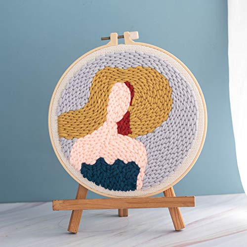Punch Needle Embroidery Starter Kits Rug Punch Needle Tool Threader Fabric Embroidery Hoop Yarn Punch Needle for Beginner (Girl in hat)