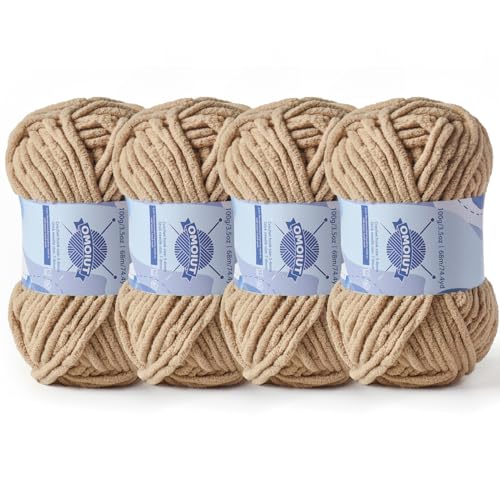 Image of 4 Pack Chunky Chenille Yarn for Crocheting, Baby Yarn for Crocheting Soft Blankets, Bulky Yarns for Crochet Amigurumi, 400g (297yds) Fluffy Velvet Yarns for Hand Knitting (4 Khaki)