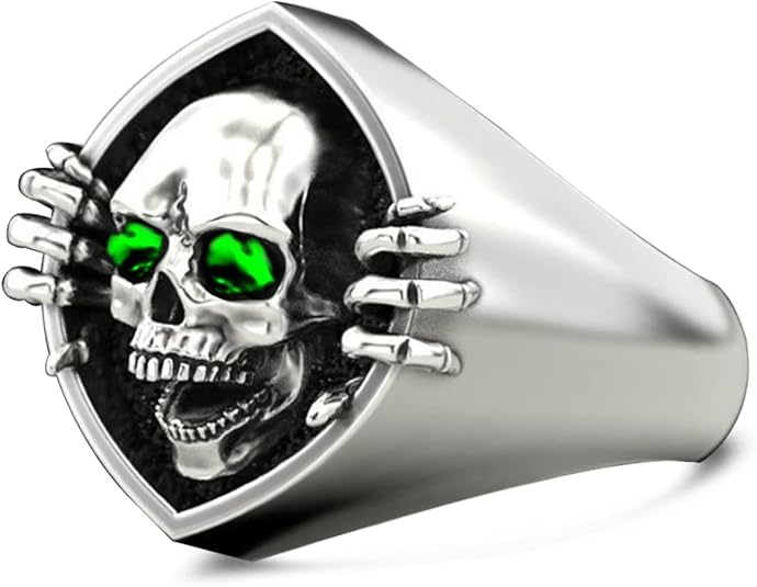 Cool Skull Rings for Women Men,Platinum Plated S925 Sterling Silver Snooping Skull Head Punk Biker Gothic Cocktail Party Halloween Ring