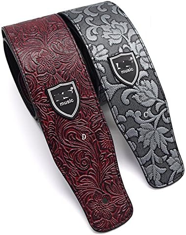 WSLCN Retro Guitar Strap Adjustable PU Leather Guitar Strap for Electric Guitar Acoustic Bass PU Thick Printed Leather Best Gift for Guitarist Black Adjustable (37-63) * 3.3inche