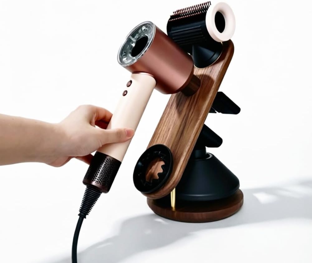 Compatible with Dyson Supersonic Nural Hair Dryer Stand Holder, Walnut Wood for Dyson Blow Dryer Accessory Organizer, Attachments Counter Storage Rack Magnetic Hair Dryer Display Holder