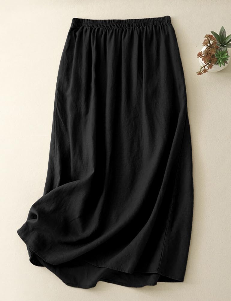 Kinghua Linen Skirts for Women Spring Summer A Line Elastic High Waisted Casual Trendy Midi Long Skirt with Pockets - Image 2