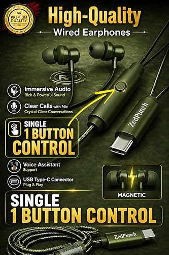 Image of Type-C Wired Earphone with Mic, 10mm Dynamic Bass Driver, Magnetic in-Ear Headphones, Metal Build, Low Latency Sound for Gaming, 3 Button Control, HD Calling, Voice Assistant (Raddish Brown)