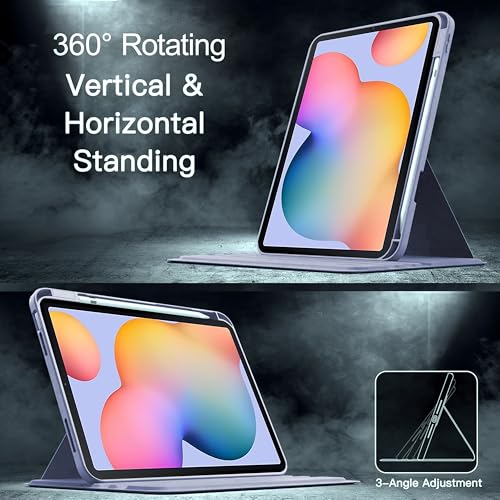 Image of TGK Rotating Case for Samsung Galaxy Tab S6 Lite 10.4 inch SM-P610 P615 P613 P619 with Pencil Holder Trifold Stand Cover Clear Back (Lavender)