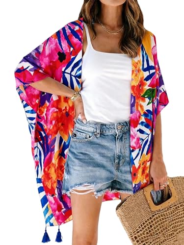Image of Spicy Sandia Kimonos for Women Floral Beach Cover Up Loose Swimsuit Bathing Suit Coverup Cardigan for Summer Swimwear