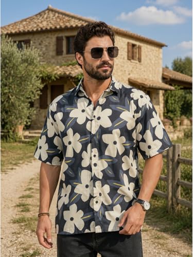 Image of BROWN CULTURE Relaxed Fit Casual Shirt for Men | Premium Cotton Blend Loose Fit Oversized Shirts | Half Sleeve Graphic Printed Fashion Shirts | Modern Everyday Streetwear Stylish Top for Men
