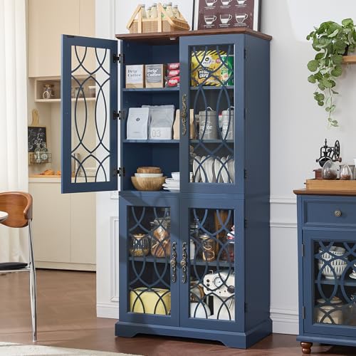 Image of Joaxswe 67 inch Tall Pantry Cabinet, Wood Kitchen Pantries Cabinets with Glass Doors & Adjustable Shelves, Freestanding Vintage Cupboard with Large Storage for Dining Room, Bathroom, Navy Blue