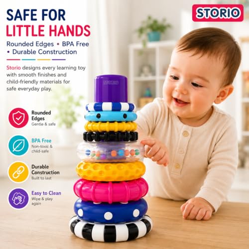 Image of Storio Stacks of Circles Stacking Ring Toy for Babies 6+ Months | 9-Piece Multi-Color STEM Learning | Educational Baby Toy for Fine Motor Skills | Textured Rings with Sound Beads | Montessori Learning