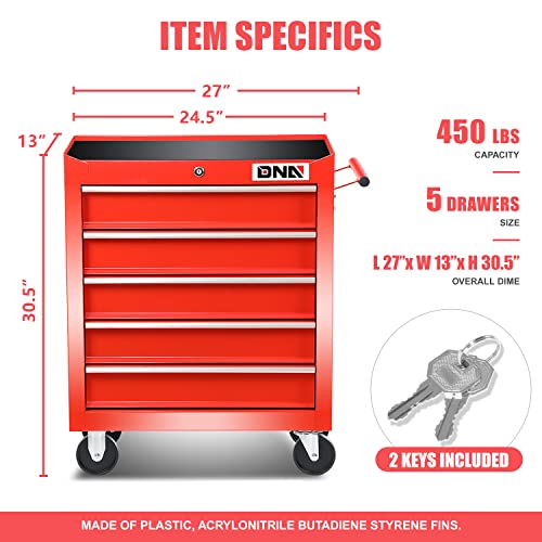 Image of DNA Motoring TOOLS-00263 5-Drawer Plastic Top Rolling Tool Cabinet with Keyed Locking System,13 inch D x 24.5 inch W x 30.5 inch H,Red