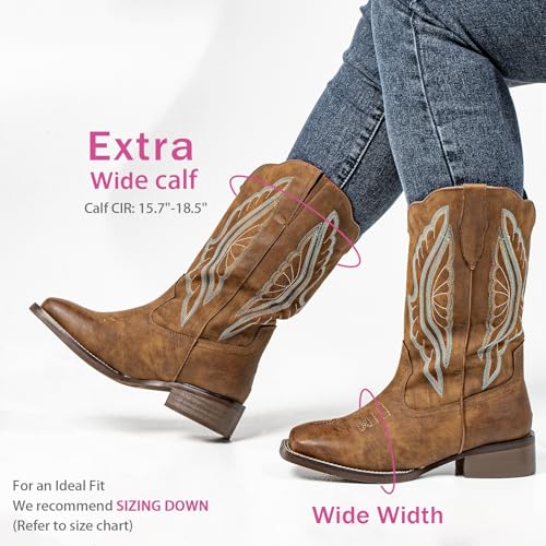 Image of SheSole Extra Wide Calf Boots for Women - Classic Stitch Cowboy Boots with Hidden Stretch Panel & Removable Cushion - Comfortable Wider Shaft Western Boots for Fuller Figures