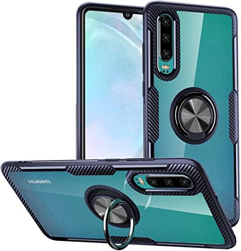 WATACHE Huawei P30 Case, Clear Crystal Carbon Fiber Design Armor Protective Case with 360 Degree Rotating Finger Ring Grip Holder Stand [Magnetic Car Mount Feature] for Huawei P30 (Blue)