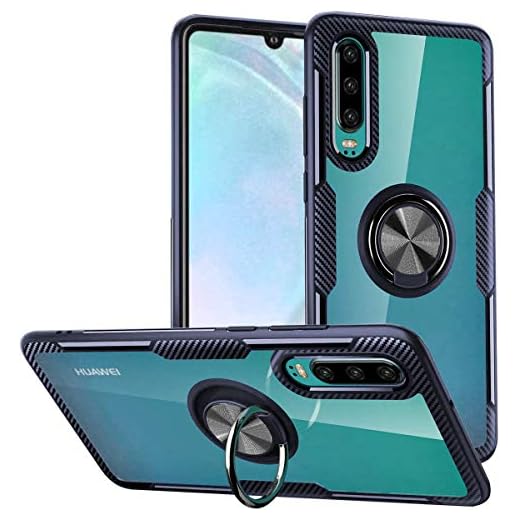 WATACHE Huawei P30 fodral, klar kristall kolfiber design armeringsskydd med 360 graders roterande fingerring grepp hållare [magnetisk bilmontering funktion] för Huawei P30 (blå)
