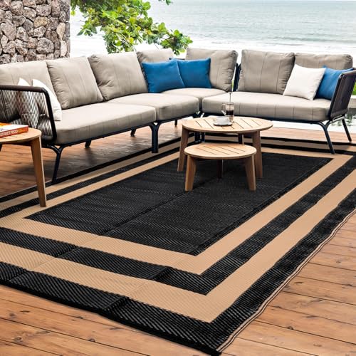 Image of Outdoor Rug Carpet Waterproof Reversible Mats 9x12 ft Patio Rug RV Camping Rug, Plastic Straw Rug Area Rug for Balcony Picnic Beach(Black and Brown)