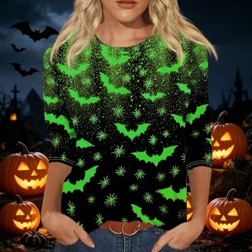 Image of Women Spooky Halloween Graphic Shirt 3 /4 Length Sleeve Crewneck Top | Halloween Funny Printed Pumpkin Plus Size Tshirts 2026 Fall Outfits Skeleton Tee Going Out Tops