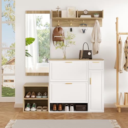 Lcoho Armario para Zapatos Moderno con Ganchos y 3 Compartimentos abatibles, Ideal para el recibidor (Blanco+Natural, B139.5 x T35 x H166 cm)