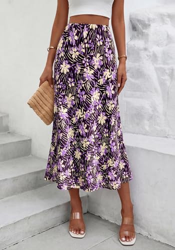 Image of BTFBM Satin Skirts for Women Trendy 2026 Summer Fall | High Waisted A-Line Leopard Print,Floral Print, Business Casual,Cocktail,Wedding Guest,Long Silk Midi Skirt