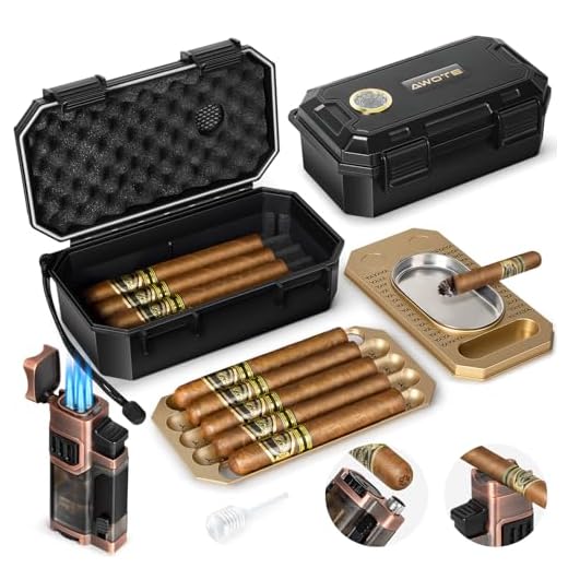 AWOTE Travel Cigar Humidor Set with Torch Lighter, Ashtray, Holder, Humidifier & Hygrometer, Portable Travel Cigar Case with Cigar Accessories for Men Gift, Butane not included