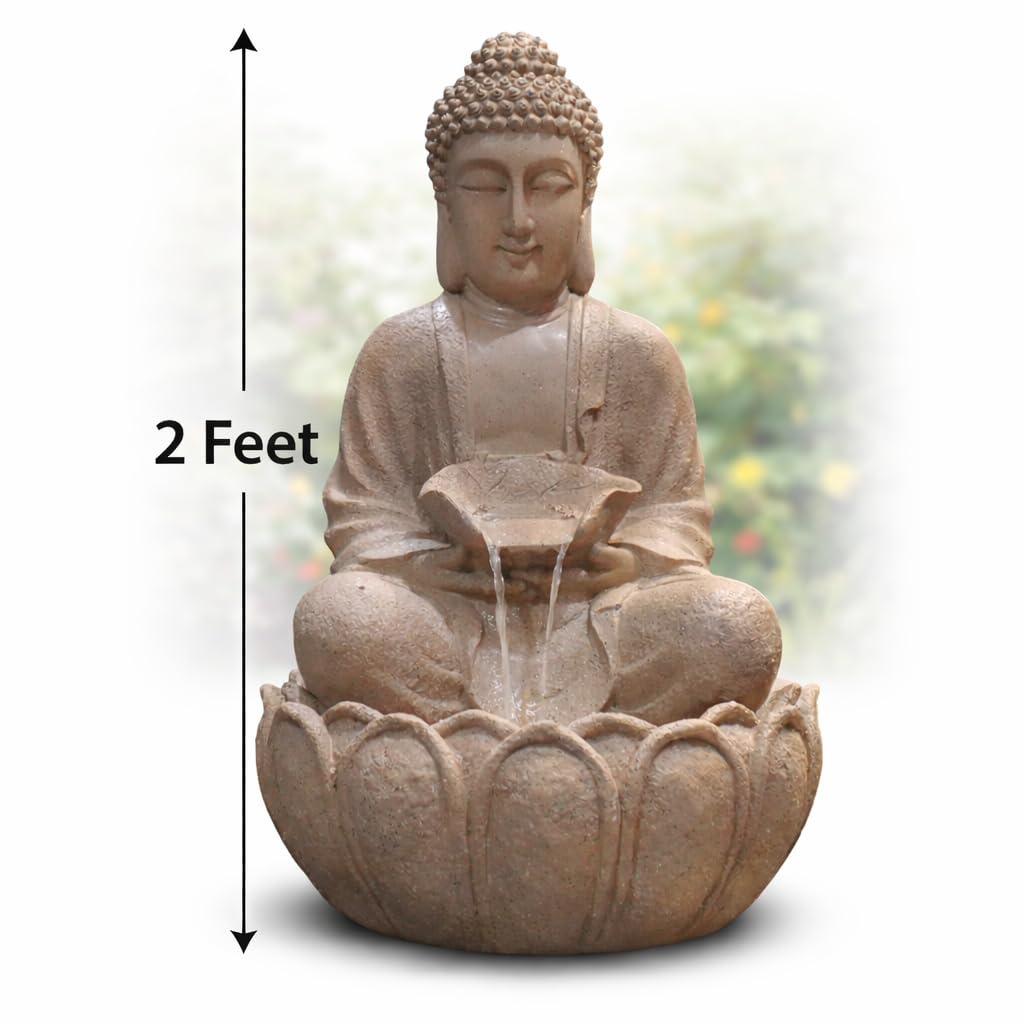Kamal Buda Fuente de agua para el hogar y el jardín - Fuente de Buda de fibra con luz LED - Fuente de interior y exterior para vastu y positividad (beige, fuente
