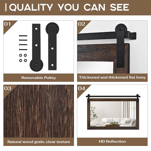 Image of COGOOD Farmhouse Bathroom Mirror - 41 inch x 30 inch Rustic Barn Door Mirror for Living Room, Entryway, Bedroom, Vanity Wall Decor (Black Brown)