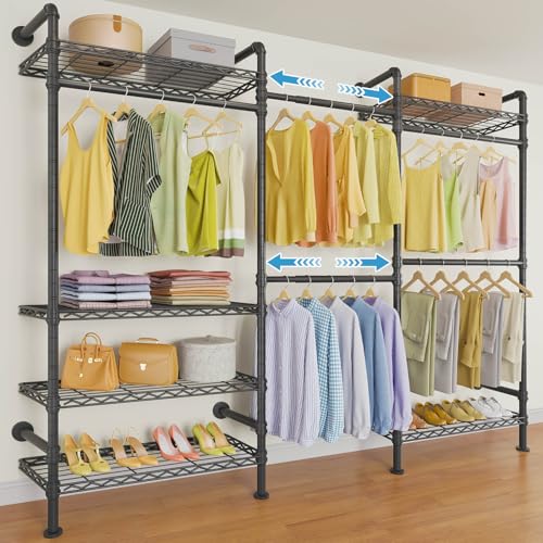 Timate F3 Garment Rack Heavy Duty Clothes Rack for Hanging Clothes, Expandable Industrial Pipe Wall Mounted Clothing Rack, Adjustable Storage Closet Wardrobe Closet Kit Walk in Closet Systems, Black