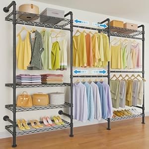 Timate F3 Garment Rack Heavy Duty Clothes Rack for Hanging Clothes, Expandable Industrial Pipe Wall Mounted Clothing Racks, Adjustable Storage Wardrobe Closet Kit Walk in Closet Systems, Black