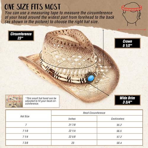 Straw Cowboy Hat Western Cowgirl Hat with Four Decorative Bands, Hat Size Fits 21 7/8 to 23, Wide Brim2