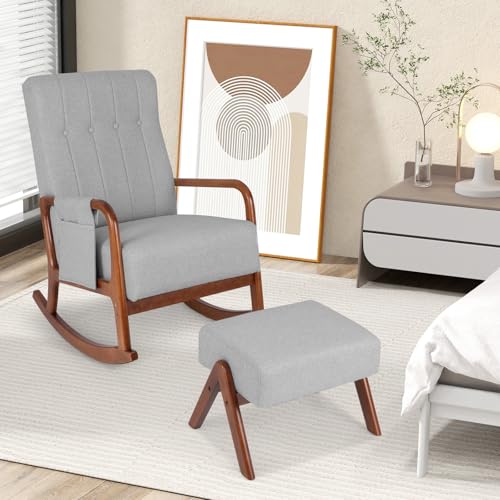 Image of Giantex Rocking Chair with Ottoman, Upholstered Rocker Chair w/Solid Rubber Wood Frame, Side Pocket, Linen Nursery Chair w/Footrest, Tufted Glider Chair for Living Room, Bedroom, Grey