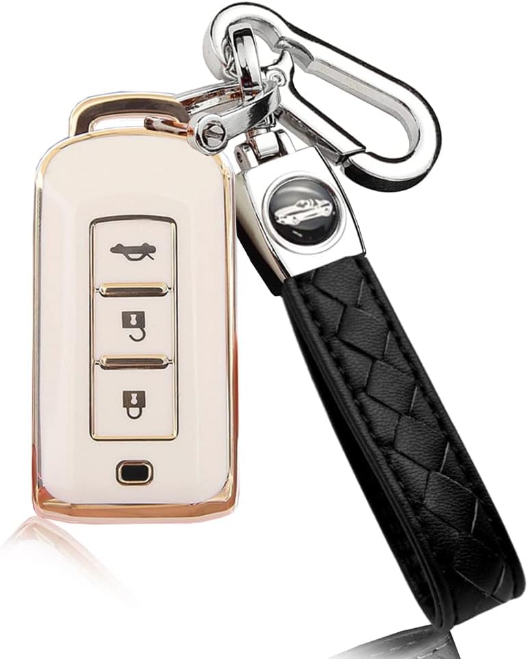 HIBEYO Key Fob Cover for Mitsubishi Outlander Sport Eclipse Cross ASX Mirage Fortis Key Shells TPU with Leather Keychains for Mitsubishi Accessories 3 Buttons Key(White)