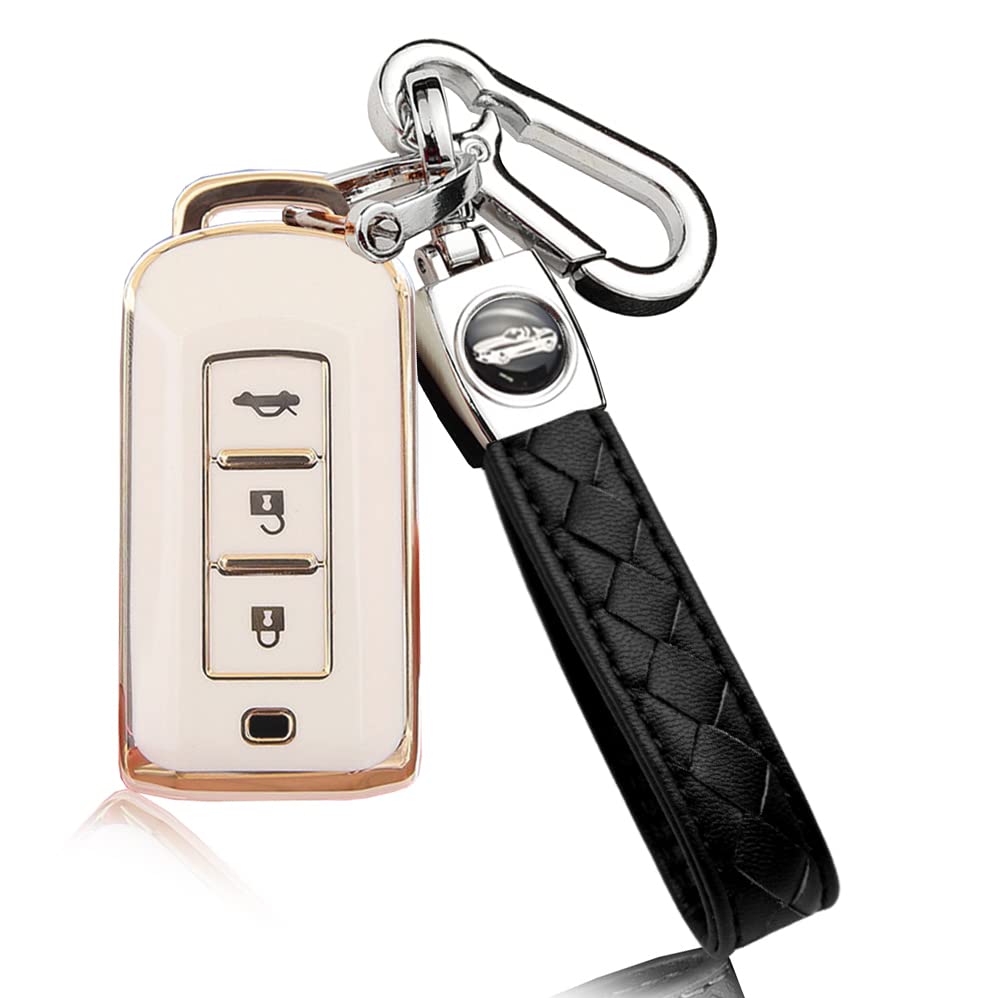HIBEYO Key Fob Cover for Mitsubishi Outlander Sport Eclipse Cross ASX Mirage Fortis Key Shells TPU with Leather Keychains for Mitsubishi Accessories 3 Buttons Key(White)