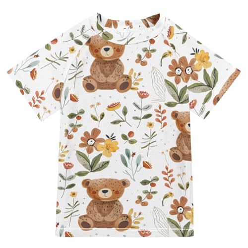 ALAZA Kids Rash Guard Boys Toddler Swim Shirts Short Sleeve Cartoon Bears Flowers UPF 50+ 3T