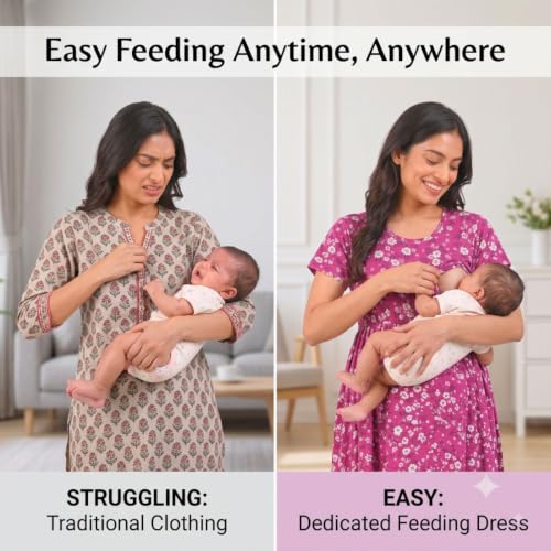 Image of Zero Clothing Feeding Dress for New Moms Casual Loungewear Ankle Length | Cotton Maternity Nighty | Zipless Feeding Dresses for Women | Pregnancy & Nursing Wear