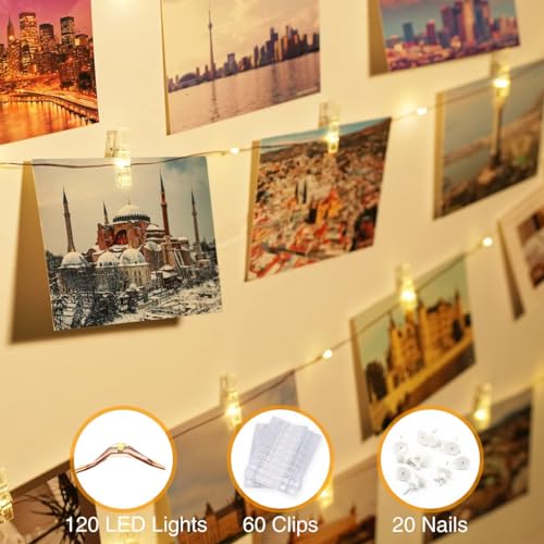 litogo 120LED 12M Photo Clip String Lights, USB Powered Photo Peg Fairy Lights with 60 Clips Indoor, Copper Wire Plug in Hanging String Photo Frames Decoration for Bedroom Wedding Party Christmas - Image 3