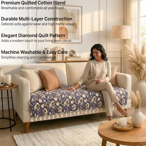 Image of BSB HOME Cotton Sofa Cover Throw with Tassels, Soft Breathable Fabric, Printed Couch Cover for Living Room, Lightweight Furniture Protector (27 x 70 Inches / 69 x 178 cm) (Lavender & Mustard Gold)
