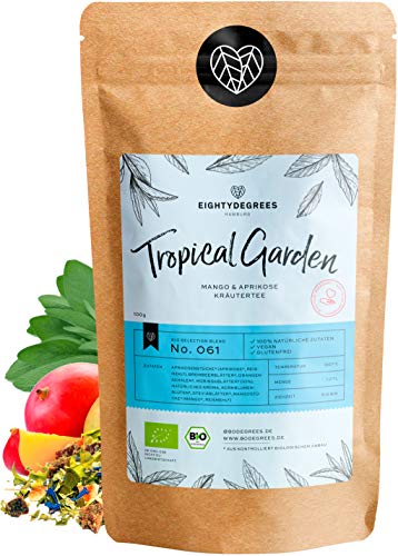 Tropical Garden Kräutertee BIO 100g - mit Moringablätter + Brombeerblätter + Steviablätter - Mango&Aprikose- 100% Bio, Natürlich - Vegan - ohne Zuckerzusatz | 80DEGREES Cover