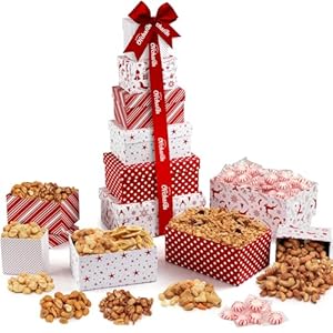 Christmas Gift Basket with Fresh Nuts & Snacks, Gourmet Cravings Indulgence – 6 Tier Food Basket Gift Set, Great Christmas Gift Present for Men & Women.