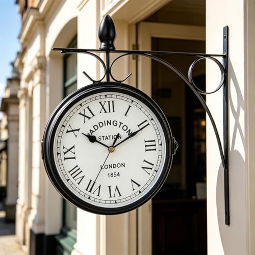 JHY DESIGN Horloge double face 21 centimètres Métal Horloge de gare Étanche Horloge murale Suspendue Rétro Horloge de jardin Ronde Horloge décorative avec...
