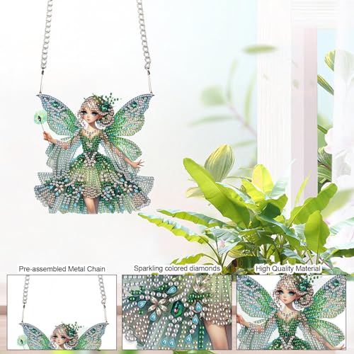 Image of Diamond Art Painting Hanging Pendants Kits Green Butterfly Fairy DIY Crystal Rhinestone Wreath Kits, Colored Point Crystal Diamond Art Window Pendants Home Garden Wall Door Birthday Festival Gifts
