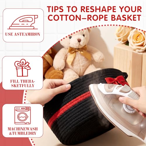Image of Colingmill 1 Set Woven Basket for Gift Empty with Cellophane Wrap Set 14 x 10 x 5.5 Inch, Medium Decorative Gift Basket Empty to Fill, Cotton Rope Storage Box Decor (Black Red)