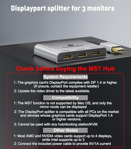 Image of DisplayPort to HDMI Splitter for Multi Monitor Adapter, HDMI Splitter Extended Display 1 in 3 Out MST Hub (4K@60Hz) for Extended or Cloned Display Mode, DP to 3X HDMI Port with PC, NVIDIA AMD