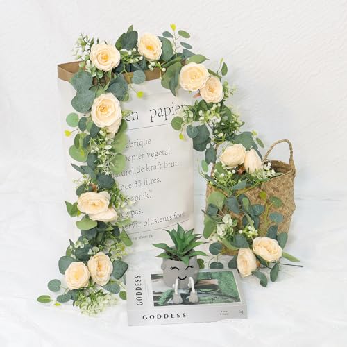 UXORSN 2PCS 12FT Artificial Eucalyptus Flower Garland with Champagne Rose Fake Plants Silk Floral Greenery Garland Faux Gypsophila Ivy Vine for Wedding Decoration Home Party Table Runner Decor - Image 2