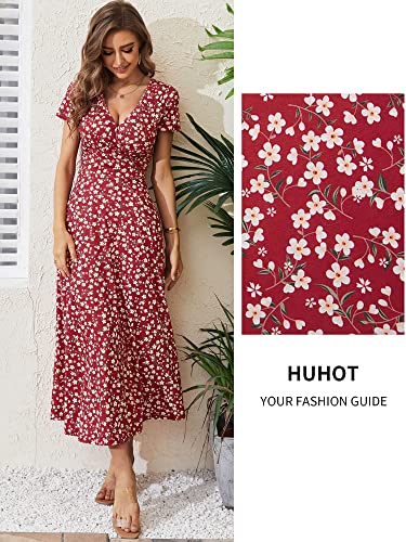 Image of HUHOT Women's Short Sleeve Wrap V Neck Dresses for Wedding Guest Summer Floral Maxi Sundresses with Pockets Boho Dress