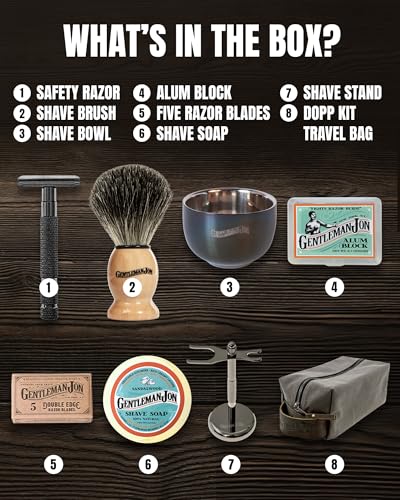 Deluxe Vintage Wet Shave Grooming Set for Men - Safety Razor, Brush, Alum Block, Soap, Bowl, Blades, Stand & Dopp Kit