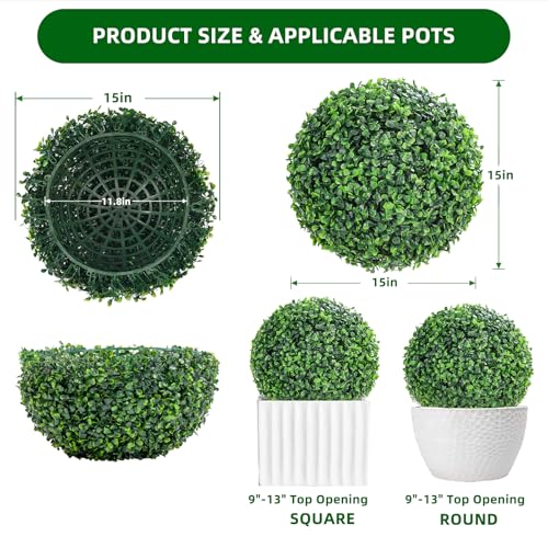 GarveeHome 2 Pcs Artificial Plant Topiary Balls Outdoor, 15" Faux Boxwood Balls Fake Green Plants Decorative Spheres for Front Porch Patio Garden Backyard Home Wedding Decor