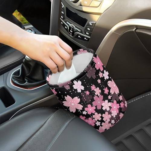 Image of Cherry Blossom Car Garbage Can Small Trash Can with Leak Proof Inside Liner And Hanging Strap Car Organizer Portable Car Essentials for Road Trip