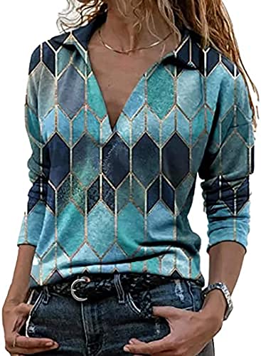 T-Shirt à Manches Longues Encolure en V Style décontracté sur Le Devant Motif Floral Tunique Chemisier Henley pour Femme (M, Bleu) Cover