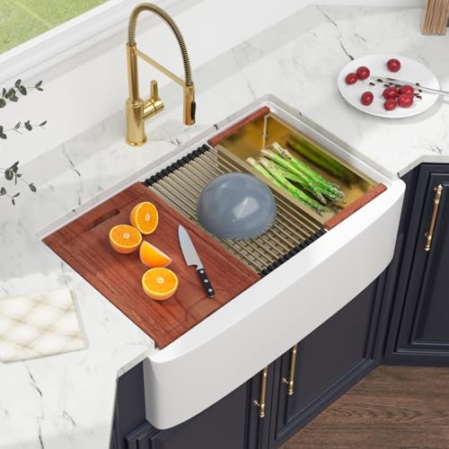 Image of Kichae 33 Inch White Farmhouse Sink Workstation Curved Apron Front Farm Sink with Slide Ledge Ceramic Porcelain Single Bowl Farmer Style Basin with Gold Accessories
