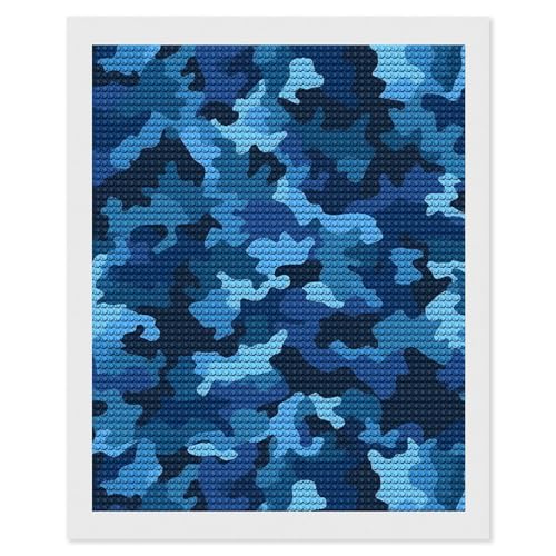 Kit d'art diamant pour adultes peinture ronde motif camouflage bleu