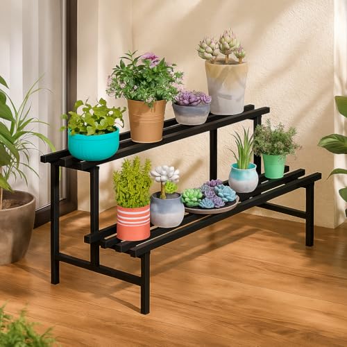 Mighty Home 2-Tier Metal Plant Stand Stylish & Sturdy Iron Rack for Home, Balcony & Garden | Space-Saving, Durable & Ideal for Indoor & Outdoor Decor (Black)