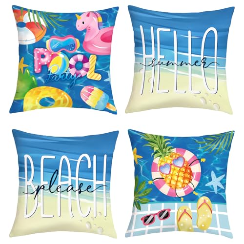 Joymaison Housse Coussin 45x45 Lot de 4 Été Océan Plage Taie d'oreiller Mer Fruit Ananas Bouée Housse d'oreiller pour Coussins Canapé Housses Home Décor